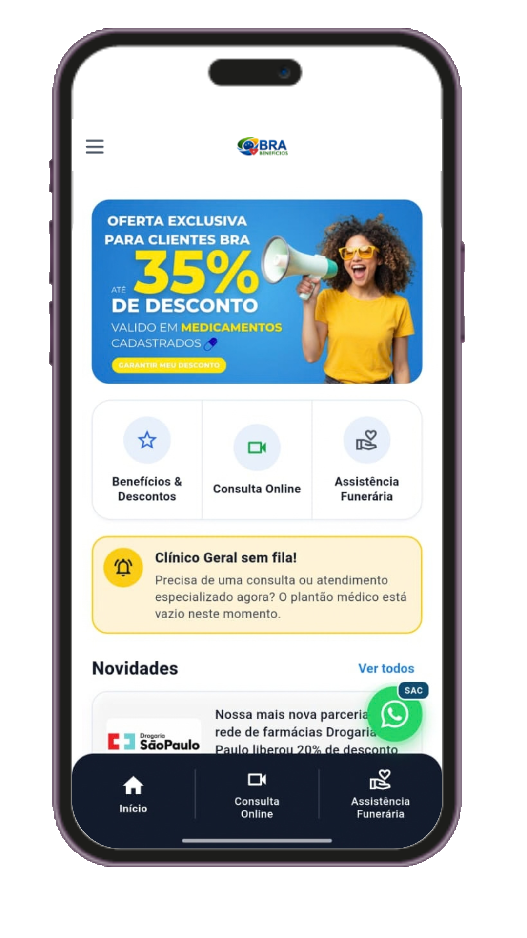 Aplicativo BRA Benefícios no celular, com descontos em medicamentos, consulta online e Assistência Funeral.