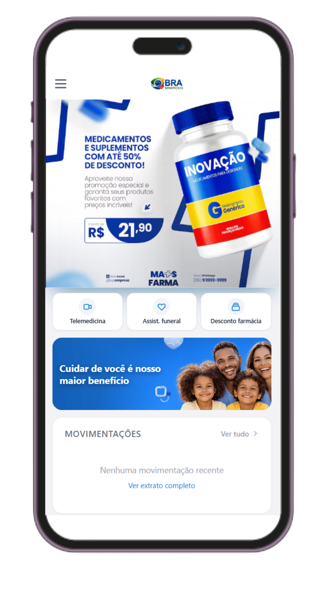 Aplicativo BRA Benefícios aberto no celular, com telemedicina, Assistência Funeral e desconto em farmácia.